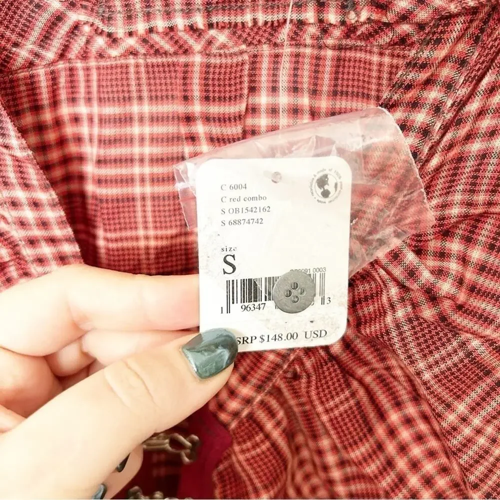 NWT Free People We The Free Red Combo Plaid Catalina Remade Shirt Combo Tunic S